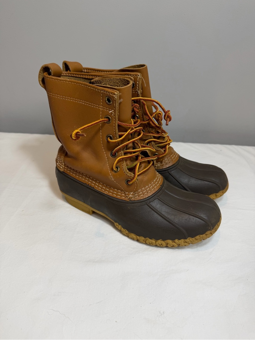 LL Bean, brown leather and blue lace up duck boots size 7 - Picture 2 of 6